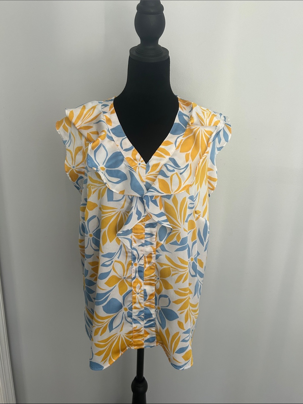 Liz Claiborne Yellow and Blue Floral Ruffle V-Neck Blouse